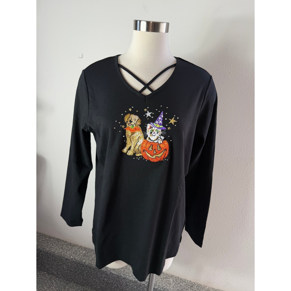 NEW Quacker Factory Women Large Black Embroidered Halloween Cat Dog Top